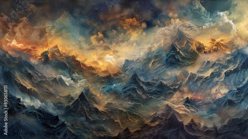 Mountains merge with clouds in a surreal panorama background