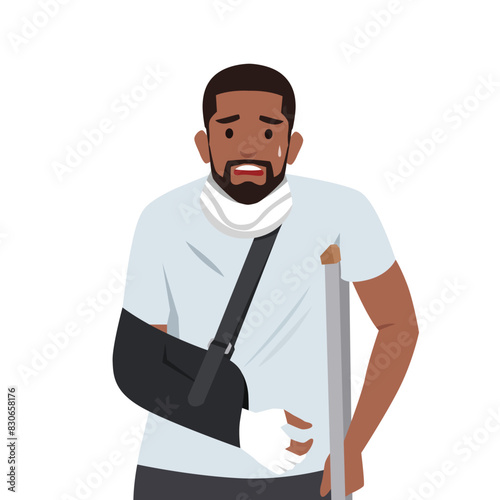 Sad man with a broken arm and leg in a cast with a crutch and a fixing collar around his neck.  Flat vector illustration isolated on white background