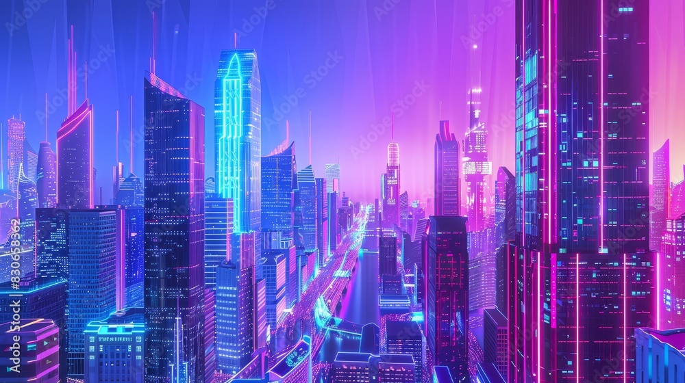 Vibrant cityscape with neon lights and holograms background