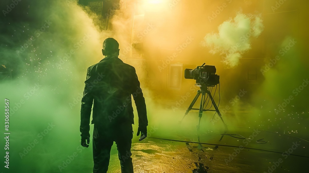 Fototapeta premium An actor in a film shoot, selective focus, action movie theme, futuristic, fusion, green screen backdrop