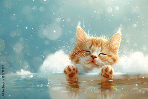 Cute cat taking a bath in a tub, isolated background. photo