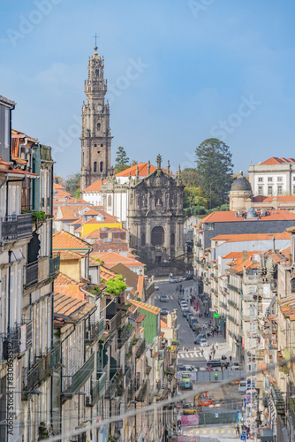 Obraz na płótnie View of a street in the historic city center of Porto with the Church and Torre dos Clérigos in the background. w salonie