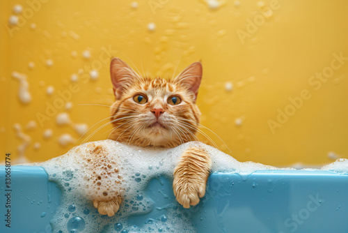 Cute cat taking a bath in a tub, isolated background. photo