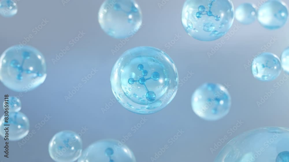 Cosmetics 3D animation of several atoms floating in the water. Molecule within a liquid bubble, cosmetic essence, and water background. Cosmetics 3D animation of several atoms floating in the water. Molecule within a liquid bubble, cosmetic essence, and water background.