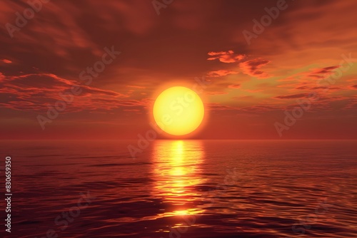 Red Sunset Over Calm Sea with Big Sun and Clouds