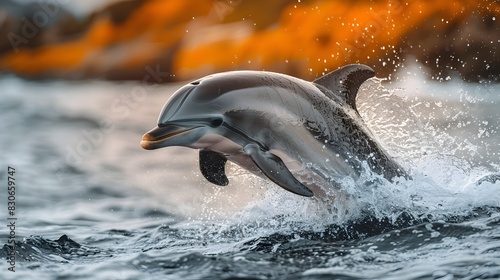 Dolphin Leap at Dusk A Graceful Marine Creature Twisting Against a Vibrant Sunset Sky © idea24Club