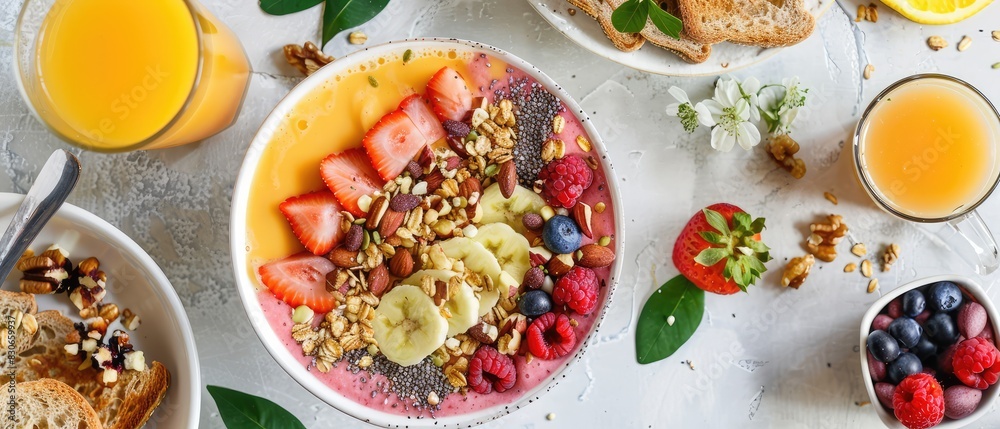 A vibrant breakfast spread featuring a bowl of fresh fruit slices including kiwi, banana, and orange, topped with nuts and seeds.