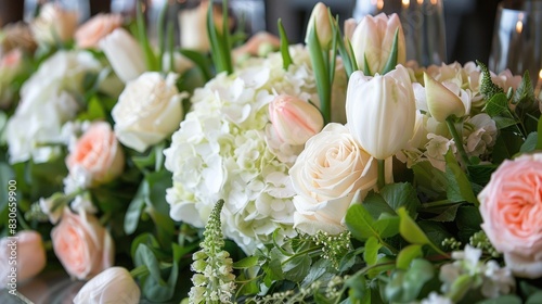 Hydrangea Mohana roses and tulip cascading floral display