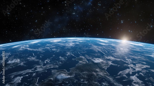 The Earth has a realistic geographic surface and a 3D cloud atmosphere with its orbit. View of the outer space of the world's planet Earth