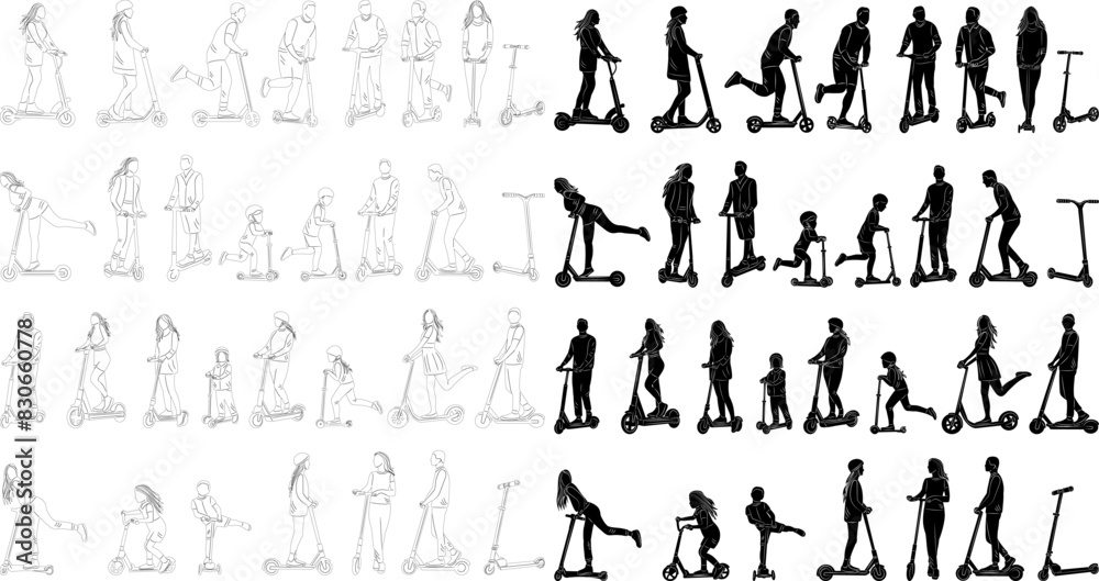 people ride scooters, man and scooter set of silhouettes, collection people ride scooters, man and scooter set of silhouettes, collection