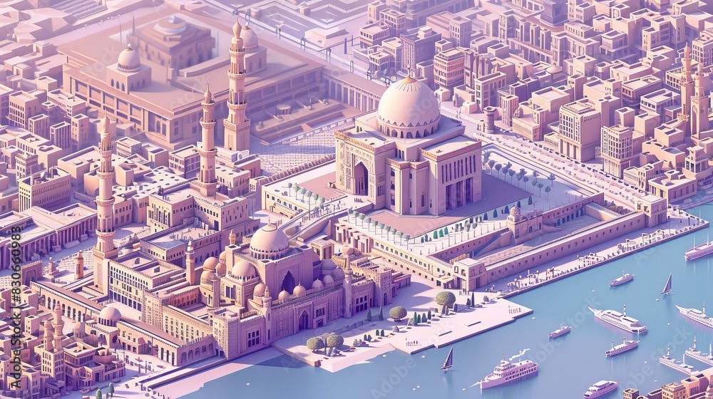 Fototapeta premium An adorable 3D depiction of Cairo, showcasing its iconic landmarks and vibe, set against a golden backdrop