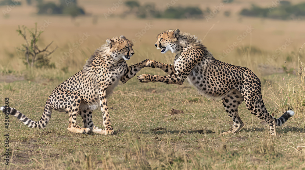 Obraz premium Two cheetahs fight for power in the wild