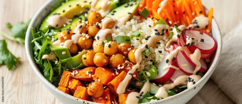 A colorful vegan Buddha bowl filled with quinoa, roasted sweet potatoes, chickpeas, avocado, and fresh greens, drizzled with a creamy tahini dressing.