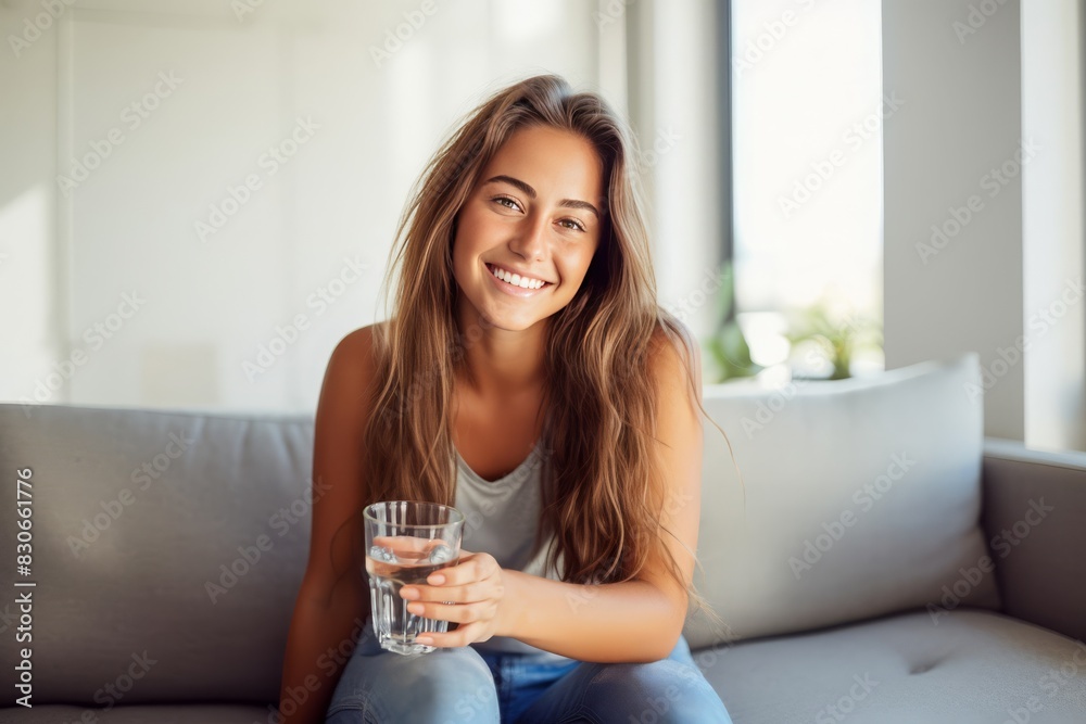 ハッピーな女性が水を飲む瞬間 ハッピーな女性が水を飲む瞬間