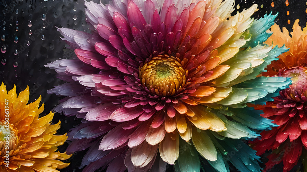 delicate chrysanthemum flower on an abstract background with splashes. oil painting flower illustration. delicate chrysanthemum flower on an abstract background with splashes. oil painting flower illustration.