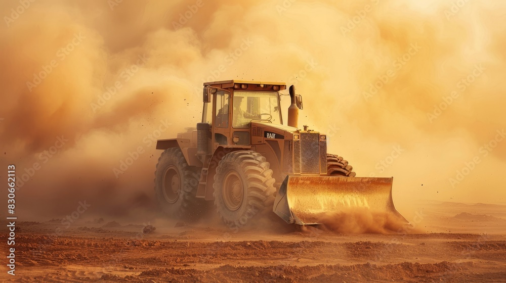 Side view of a bulldozer with a large bucket lifting soil, construction site in progress, dust in the air Side view of a bulldozer with a large bucket lifting soil, construction site in progress, dust in the air