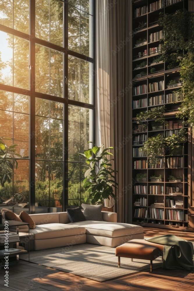 cozy, stylish modern library with large floor-to-ceiling windows and tall cabinets full of a variety of books. Hobby, leisure and education concept	