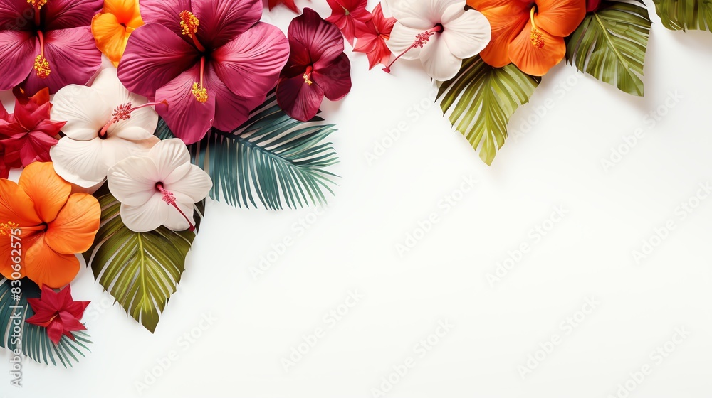Colorful tropical flowers and leaves border on white background. Ideal ...