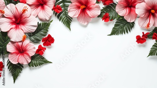 Beautiful tropical hibiscus flowers and lush green leaves border with a white background, perfect for summer or floral themes.