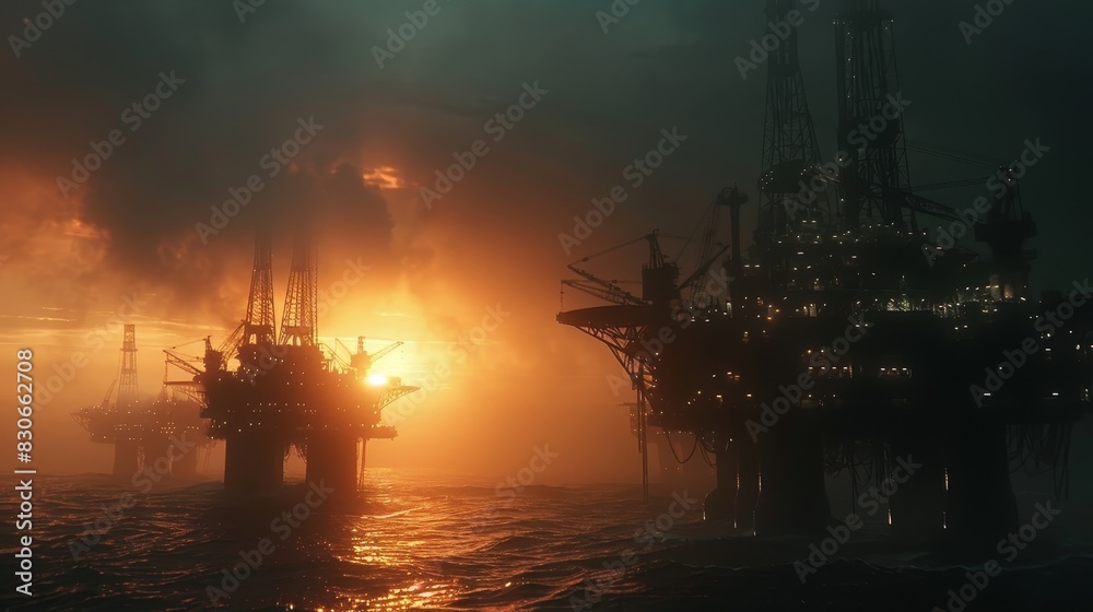 Massive drills from a rig emerging like metal claws, deep into the ocean floor, sunrise on the horizon