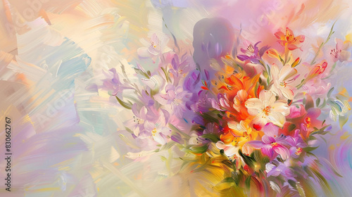 Figure obscured by a bouquet of spring freesias, painted in abstract pastel tones on canvas, photo