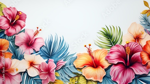 Vibrant tropical floral arrangement featuring colorful hibiscus flowers and lush leaves, perfect for nature-themed designs and backgrounds. © ontsunan