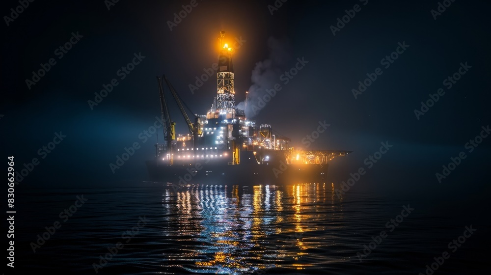 Night scene of a drilling rig with massive drills, illuminated by rig lights, claws piercing the ocean depths