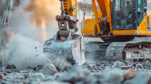 Rock drilling at a construction site, powerful drilling machine breaking through stone, dust cloud rising