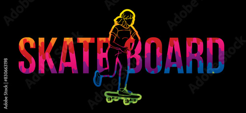 Skateboard Text Designed with Female Player Cartoon Extreme Sport Graphic Vector