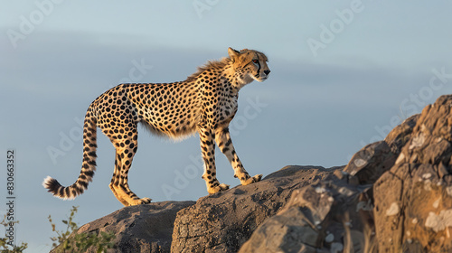In the bright sunlight, the cheetah walks gracefully on the rocks.