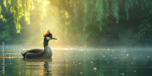 A solitary great crested grebe floats on a lake surrounded by foliage in the soft morning light against green background photo