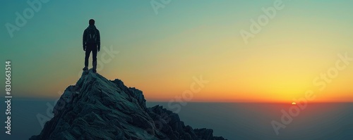 Silhouette of a man on top of a mountain peak.