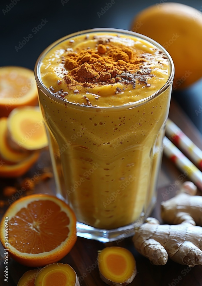 Ginger Turmeric Smoothie - Yellow with a sprinkle of turmeric and ginger slices. Ginger Turmeric Smoothie - Yellow with a sprinkle of turmeric and ginger slices.