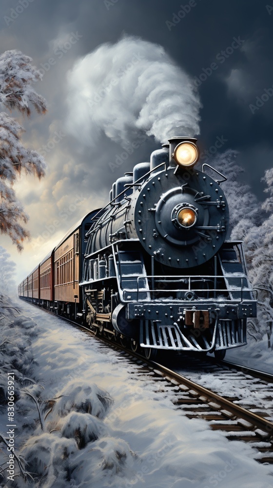 Obraz premium A Steam Train Chugging Through a Snow Covered Forest