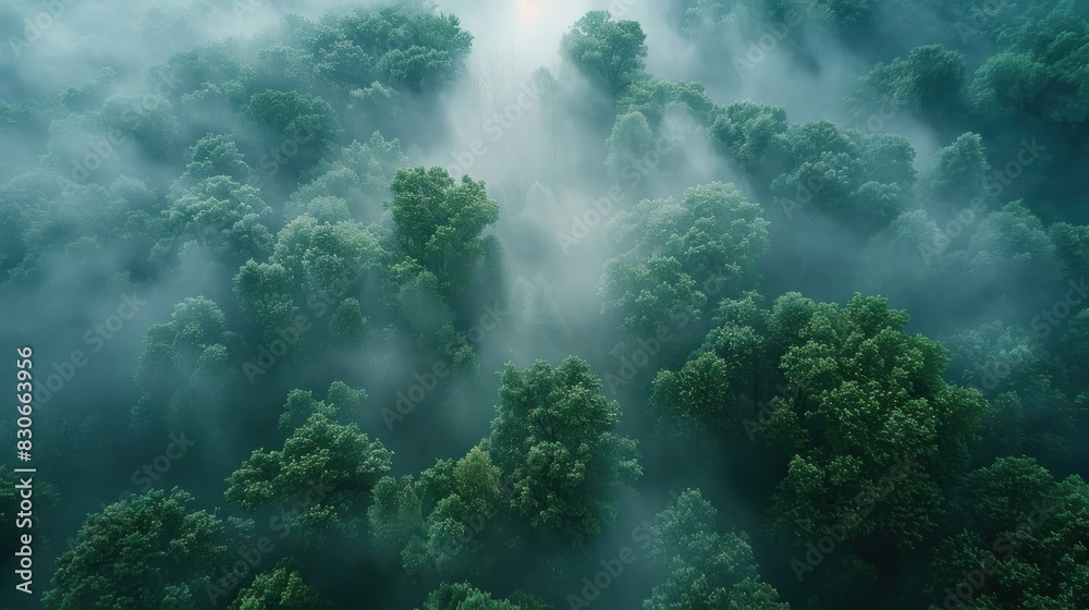 A captivating aerial view of a mist-covered forest, with the treetops peeking through the fog. The ethereal quality of the mist adds a sense of mystery and tranquility to the scene. This image is A captivating aerial view of a mist-covered forest, with the treetops peeking through the fog. The ethereal quality of the mist adds a sense of mystery and tranquility to the scene. This image is