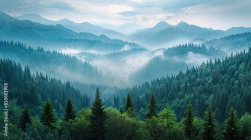 An aerial view of a forested mountain range  showcasing the rugged terrain and the dense tree cover. The interplay between the mountains and the forest creates a dramatic and awe-inspiring landscape.