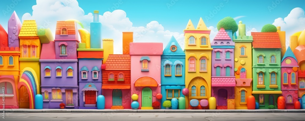 A vibrant 3D plasticine illustration of a charming village square with colorful, whimsical, rainbow buildings and a clear blue sky.