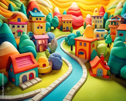 A vibrant 3D plasticine illustration showcasing a picturesque village with colorful houses, lush trees, and a winding river under a bright sky.