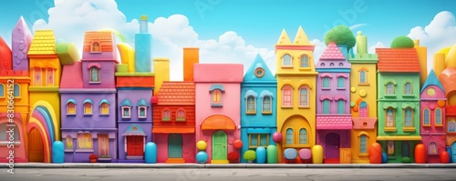 A vibrant 3D plasticine illustration of a charming village square with colorful, whimsical, rainbow buildings and a clear blue sky.