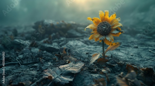 A wilting flower growing in a polluted environment, representing the negative impact of social problems on human well-being. photo