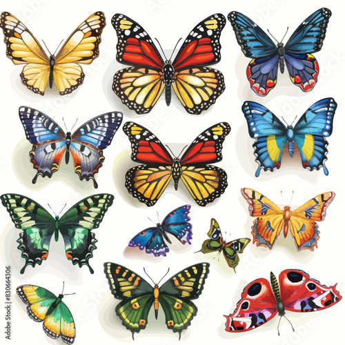 a bunch of different colored butterflies on a white background