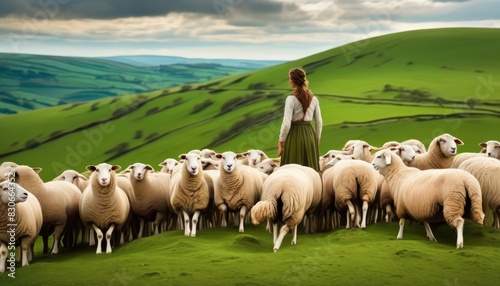 A woman in a vintage outfit stands among a flock of sheep on vibrant green rolling hills  under a dynamic cloudy sky.. AI Generation