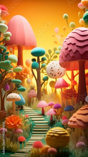 3D plasticine illustration of A whimsical forest scene with fantastical, multicolored trees and friendly forest creatures, in the style of playful design