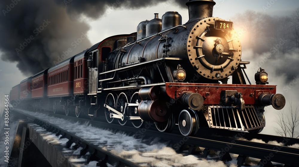 Naklejka premium A Steam Train Chugging Through a Snow Covered Forest