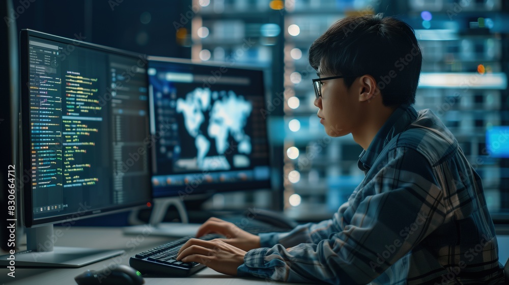 Focused Asian Programmer Monitoring Data Security on Multiple Screens Focused Asian Programmer Monitoring Data Security on Multiple Screens