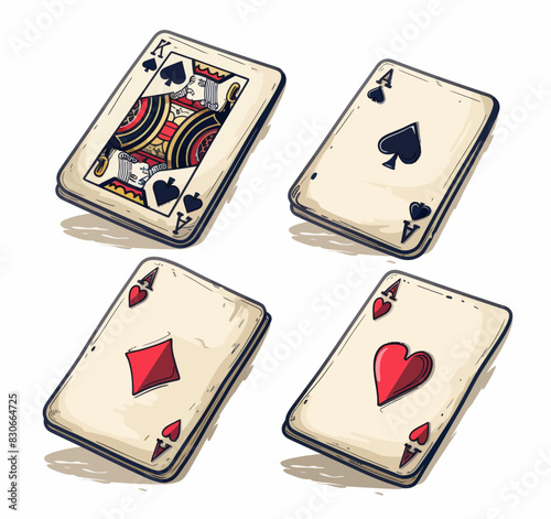 a set of four playing cards with hearts and spades
