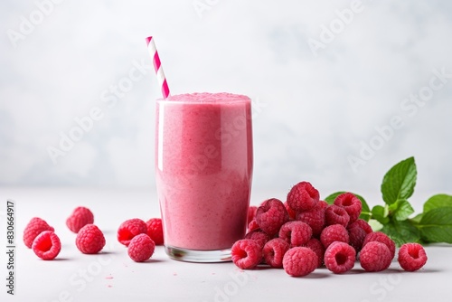 Fresh raspberries and raspberry juice in glass on white background  ideal for refreshing drinks