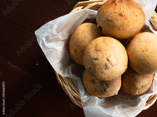 top view fig bread bun in basket