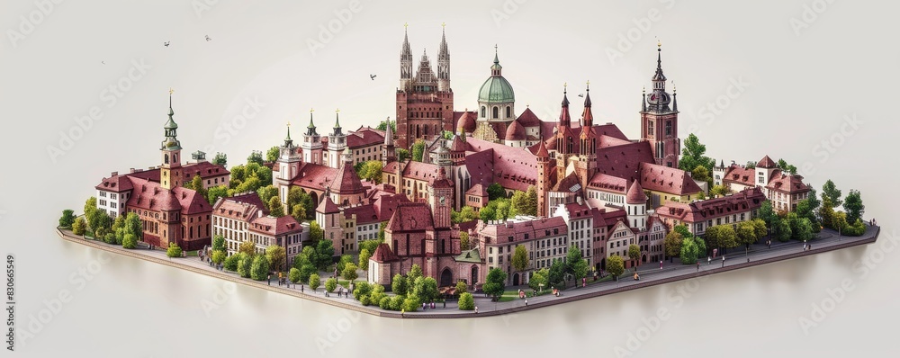 Krakow's famous places and atmosphere are beautifully depicted in a cute isometric 3D render on a burgundy background