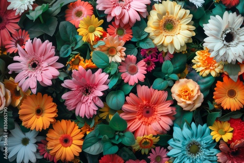 Colorful flowers background, top view. AI generative